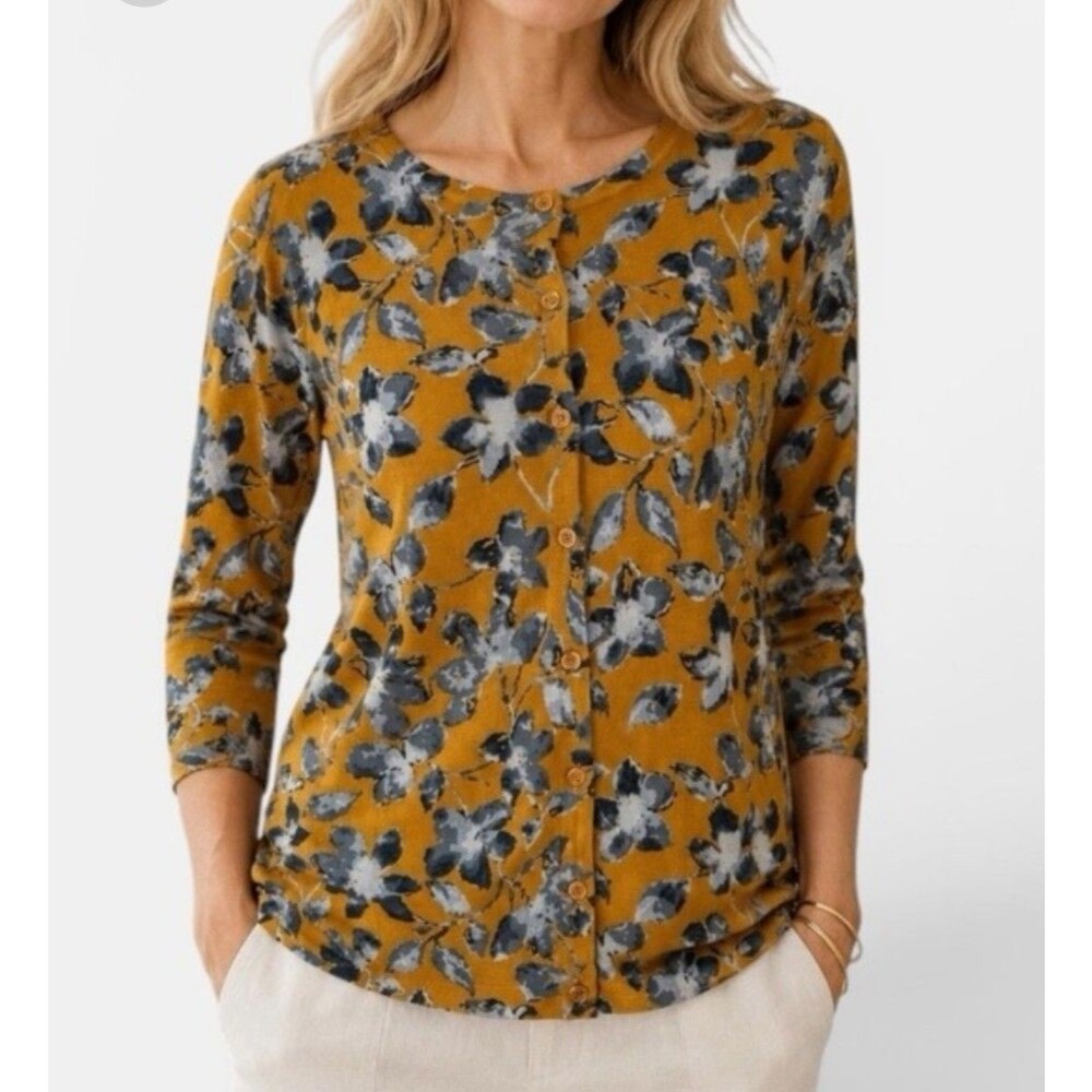 Garnet Hill Women's M 100% Merino Wool Cardigan Sweater Mustard Blue Floral